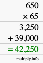 How to calculate 650 times 65 using long multiplication