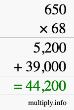 How to calculate 650 times 68 using long multiplication