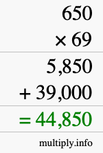 How to calculate 650 times 69 using long multiplication
