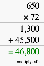How to calculate 650 times 72 using long multiplication