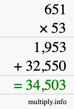How to calculate 651 times 53 using long multiplication