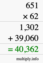 How to calculate 651 times 62 using long multiplication