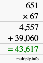 How to calculate 651 times 67 using long multiplication