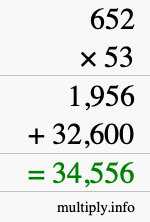 How to calculate 652 times 53 using long multiplication