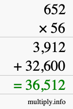 How to calculate 652 times 56 using long multiplication