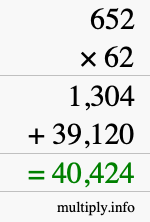 How to calculate 652 times 62 using long multiplication