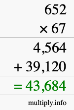 How to calculate 652 times 67 using long multiplication