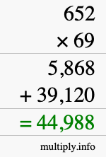 How to calculate 652 times 69 using long multiplication