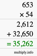 How to calculate 653 times 54 using long multiplication