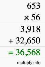 How to calculate 653 times 56 using long multiplication