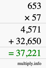 How to calculate 653 times 57 using long multiplication