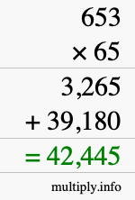 How to calculate 653 times 65 using long multiplication