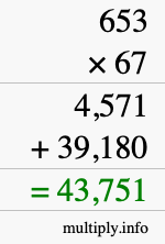 How to calculate 653 times 67 using long multiplication