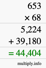 How to calculate 653 times 68 using long multiplication
