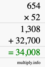 How to calculate 654 times 52 using long multiplication How to calculate 654 times 52 using long multiplication