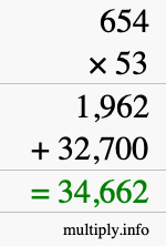 How to calculate 654 times 53 using long multiplication