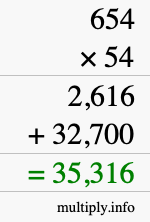 How to calculate 654 times 54 using long multiplication