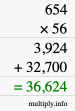 How to calculate 654 times 56 using long multiplication