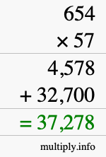 How to calculate 654 times 57 using long multiplication