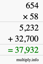 How to calculate 654 times 58 using long multiplication