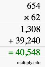 How to calculate 654 times 62 using long multiplication