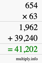 How to calculate 654 times 63 using long multiplication