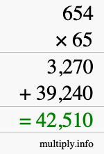 How to calculate 654 times 65 using long multiplication