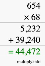 How to calculate 654 times 68 using long multiplication