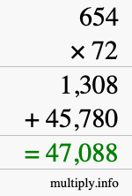 How to calculate 654 times 72 using long multiplication