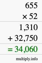 How to calculate 655 times 52 using long multiplication How to calculate 655 times 52 using long multiplication
