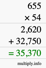 How to calculate 655 times 54 using long multiplication