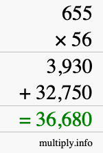 How to calculate 655 times 56 using long multiplication