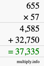 How to calculate 655 times 57 using long multiplication