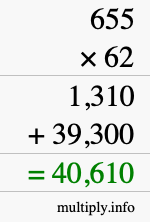 How to calculate 655 times 62 using long multiplication