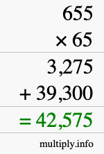 How to calculate 655 times 65 using long multiplication