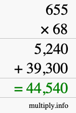 How to calculate 655 times 68 using long multiplication