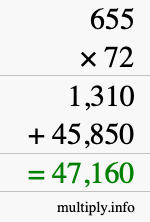 How to calculate 655 times 72 using long multiplication
