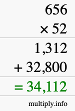 How to calculate 656 times 52 using long multiplication