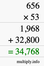 How to calculate 656 times 53 using long multiplication