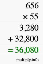 How to calculate 656 times 55 using long multiplication How to calculate 656 times 55 using long multiplication