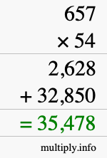 How to calculate 657 times 54 using long multiplication