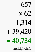 How to calculate 657 times 62 using long multiplication