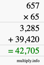 How to calculate 657 times 65 using long multiplication