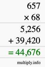 How to calculate 657 times 68 using long multiplication