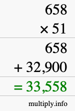 How to calculate 658 times 51 using long multiplication