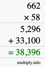 How to calculate 662 times 58 using long multiplication