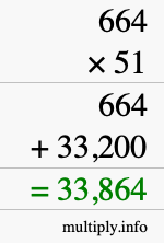 How to calculate 664 times 51 using long multiplication