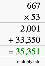 How to calculate 667 times 53 using long multiplication