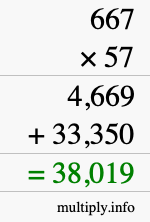 How to calculate 667 times 57 using long multiplication