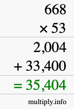 How to calculate 668 times 53 using long multiplication